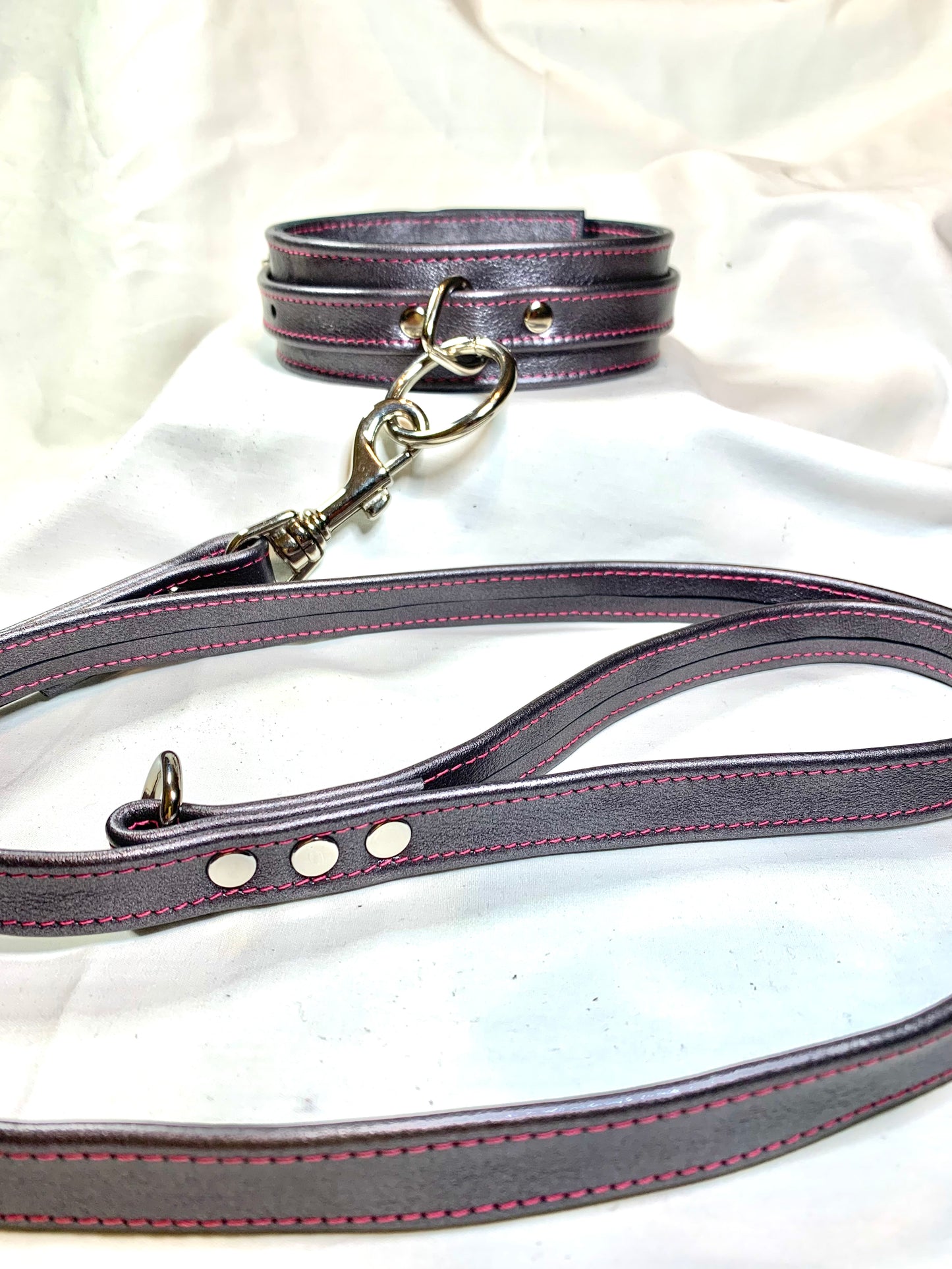 Cuffs and Collar Set - Gunmetal Metallic Leather with Hot Pink Stitching