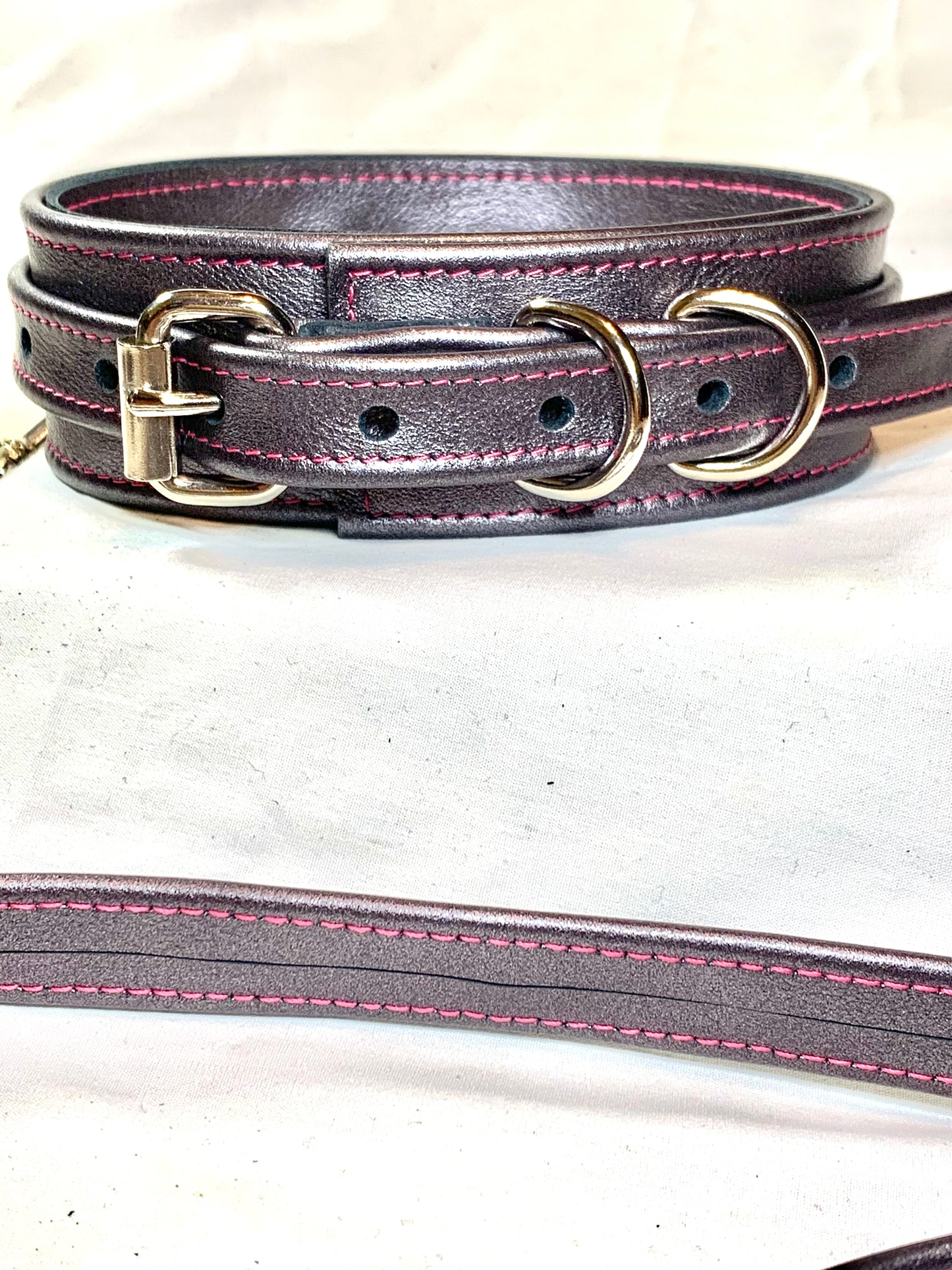 Cuffs and Collar Set - Gunmetal Metallic Leather with Hot Pink Stitching