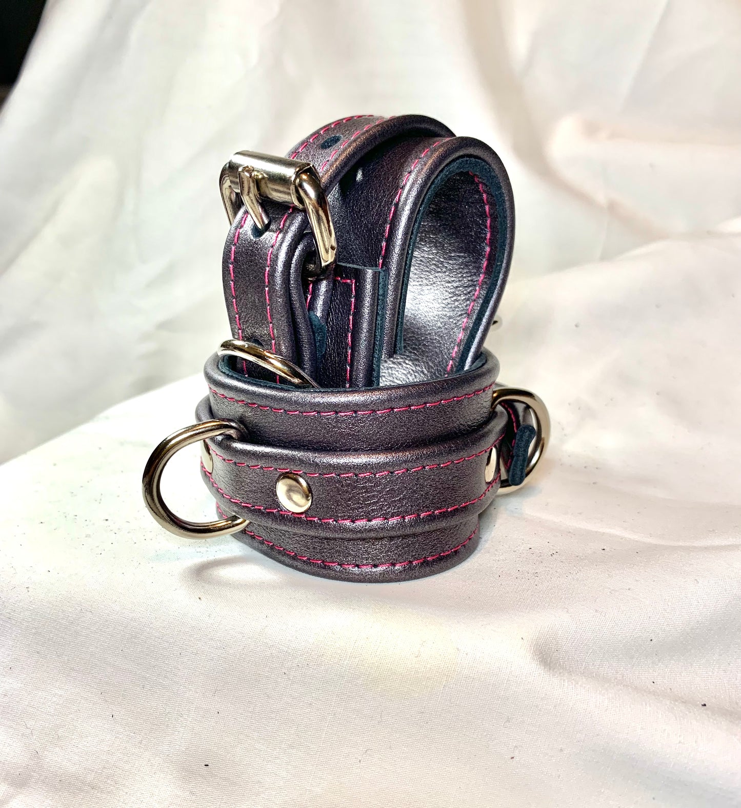 Cuffs and Collar Set - Gunmetal Metallic Leather with Hot Pink Stitching