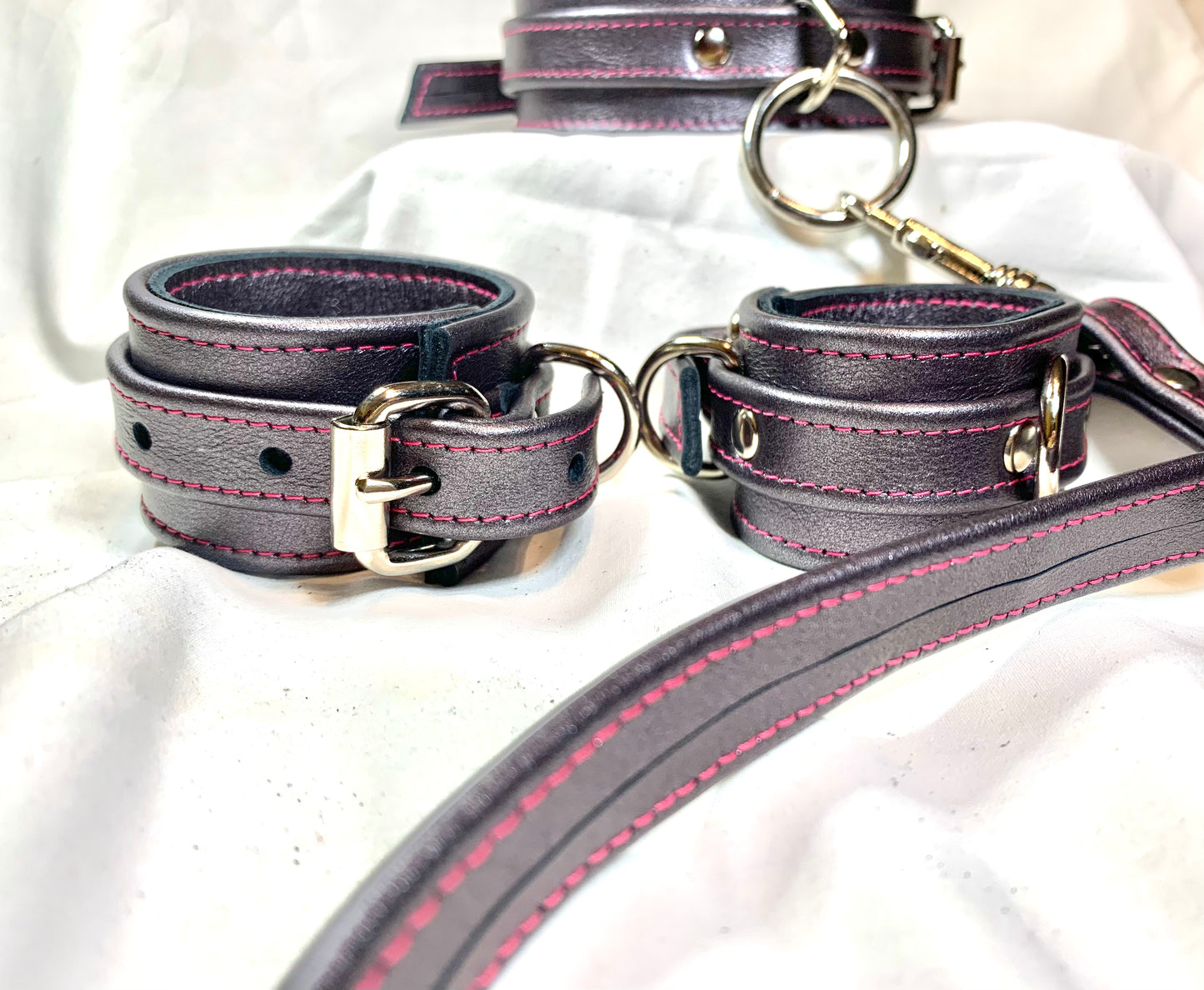 Cuffs and Collar Set - Gunmetal Metallic Leather with Hot Pink Stitching