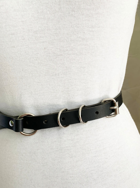 black leather bondage belt with nickel plate hardware