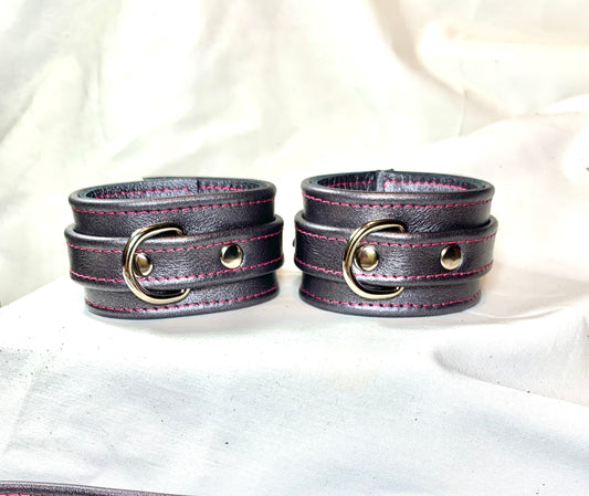 Cuffs - Gunmetal Metallic Leather with Hot Pink Stitching