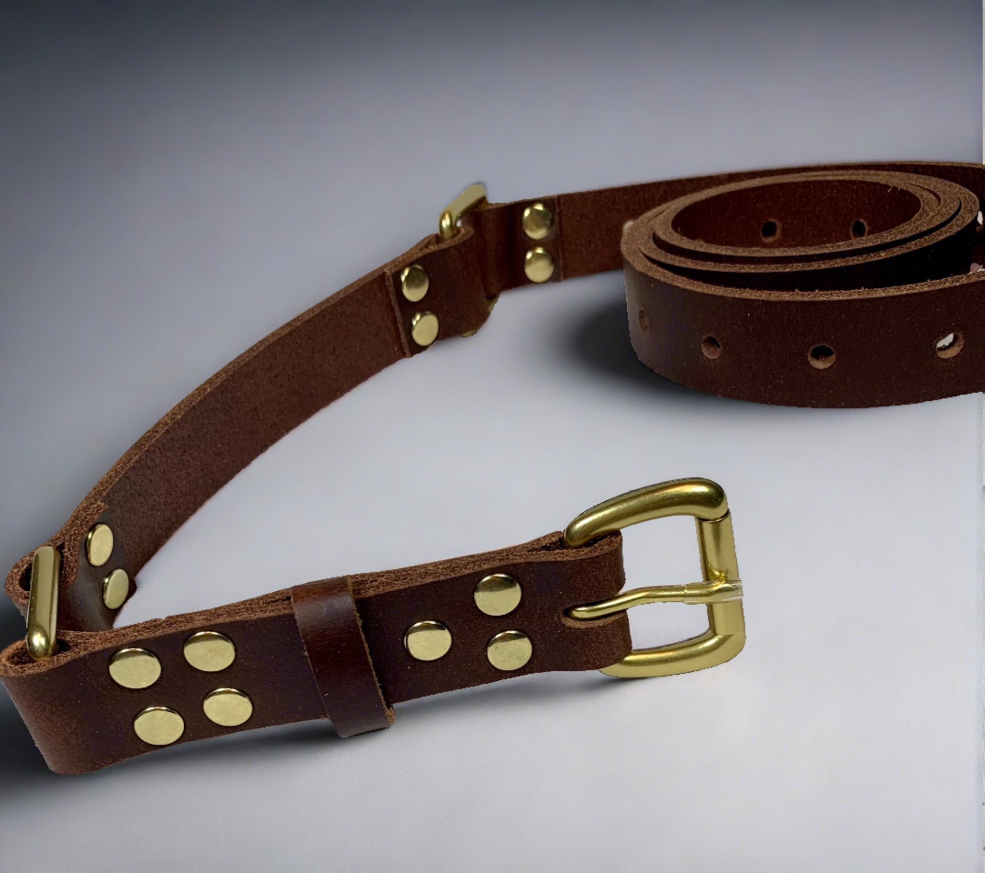 chocolate brown leather bondage belt with brass hardware