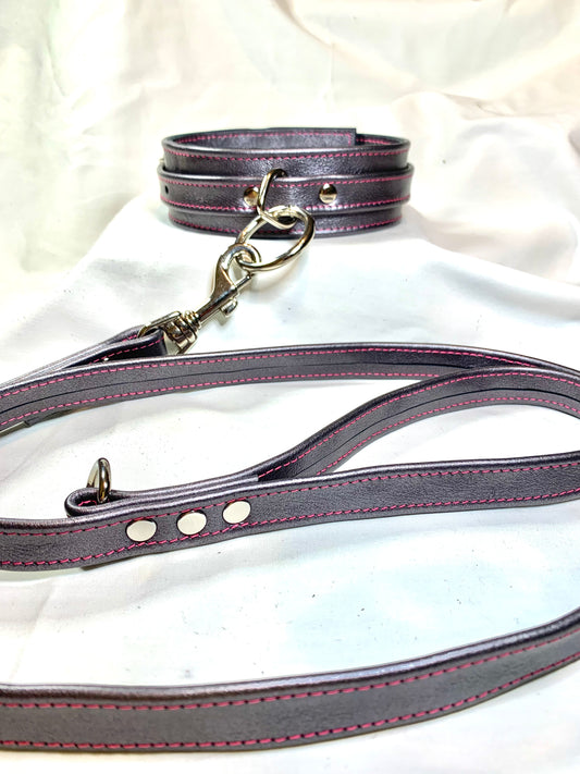 Collar - Gun Metal Metallic Leather with Hot Pink Stitching