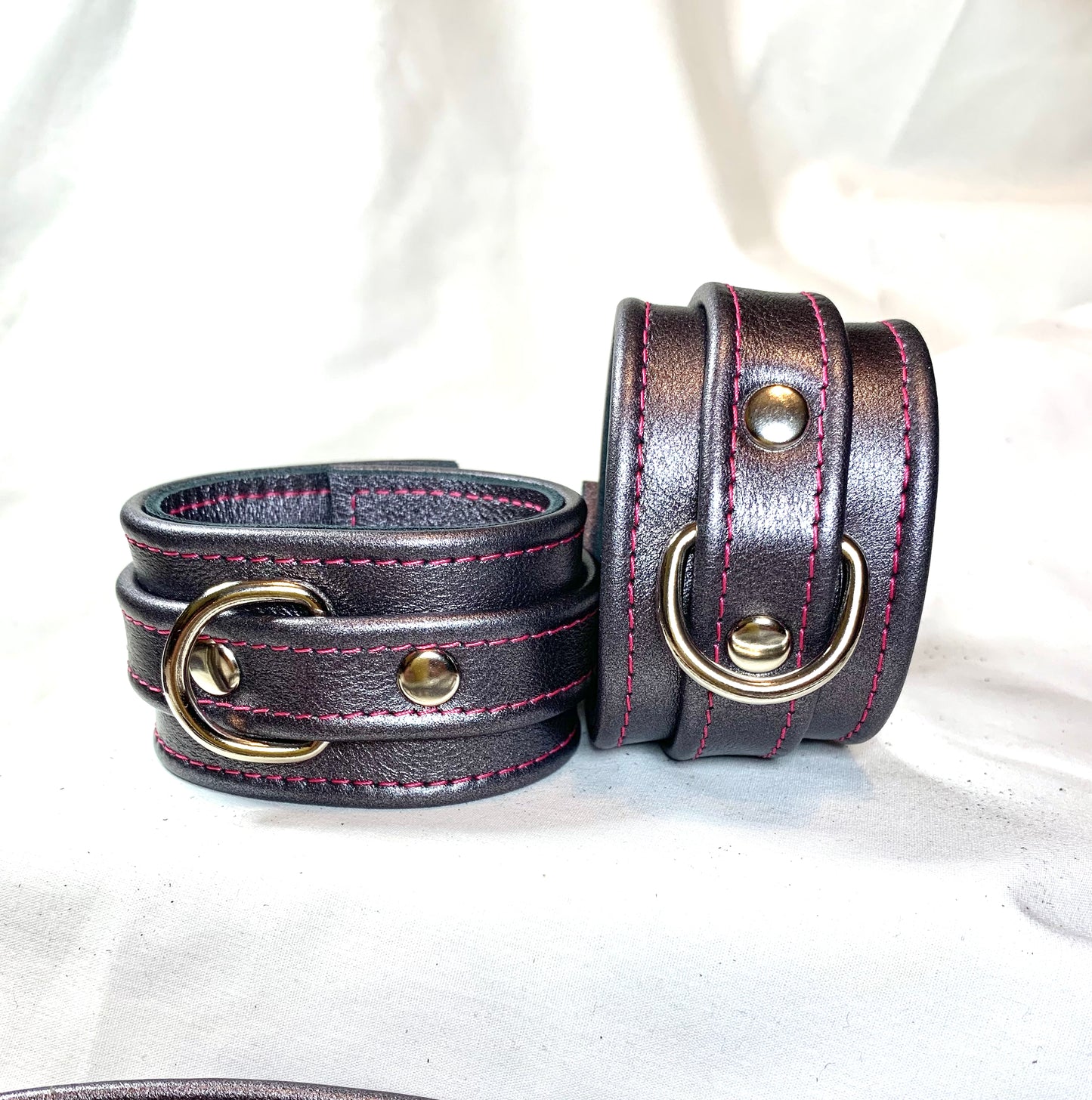 Cuffs and Collar Set - Gunmetal Metallic Leather with Hot Pink Stitching