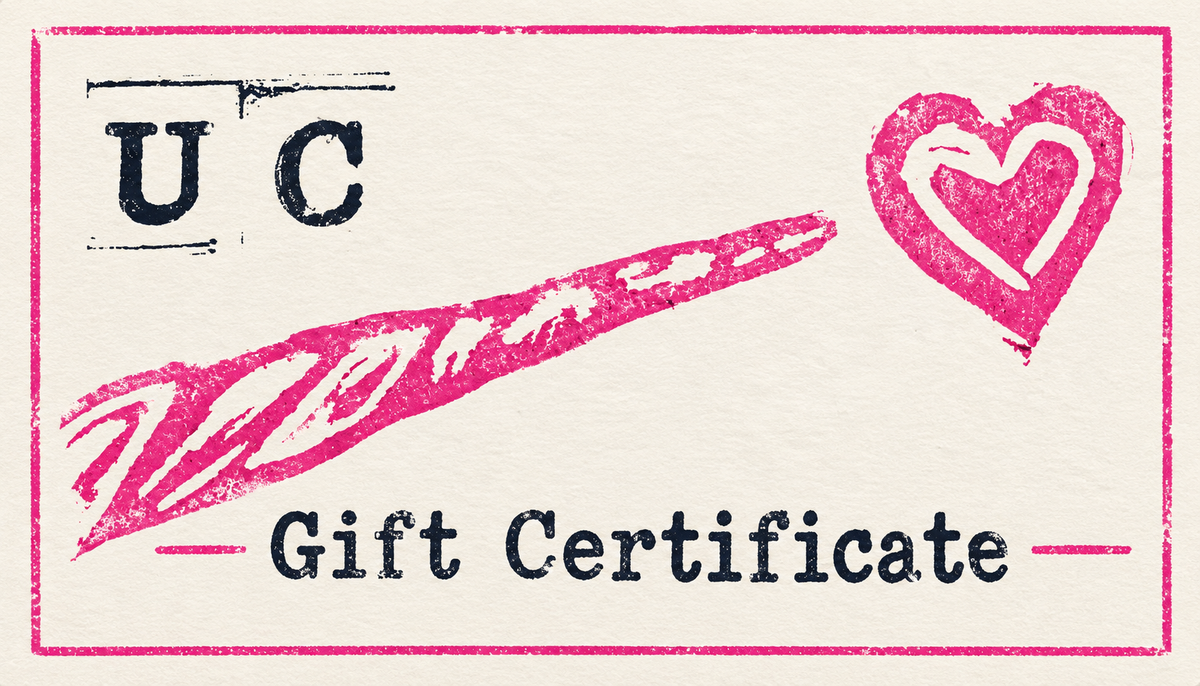 Unicorn Collaborators gift certificate artwork in pink and black on cream background