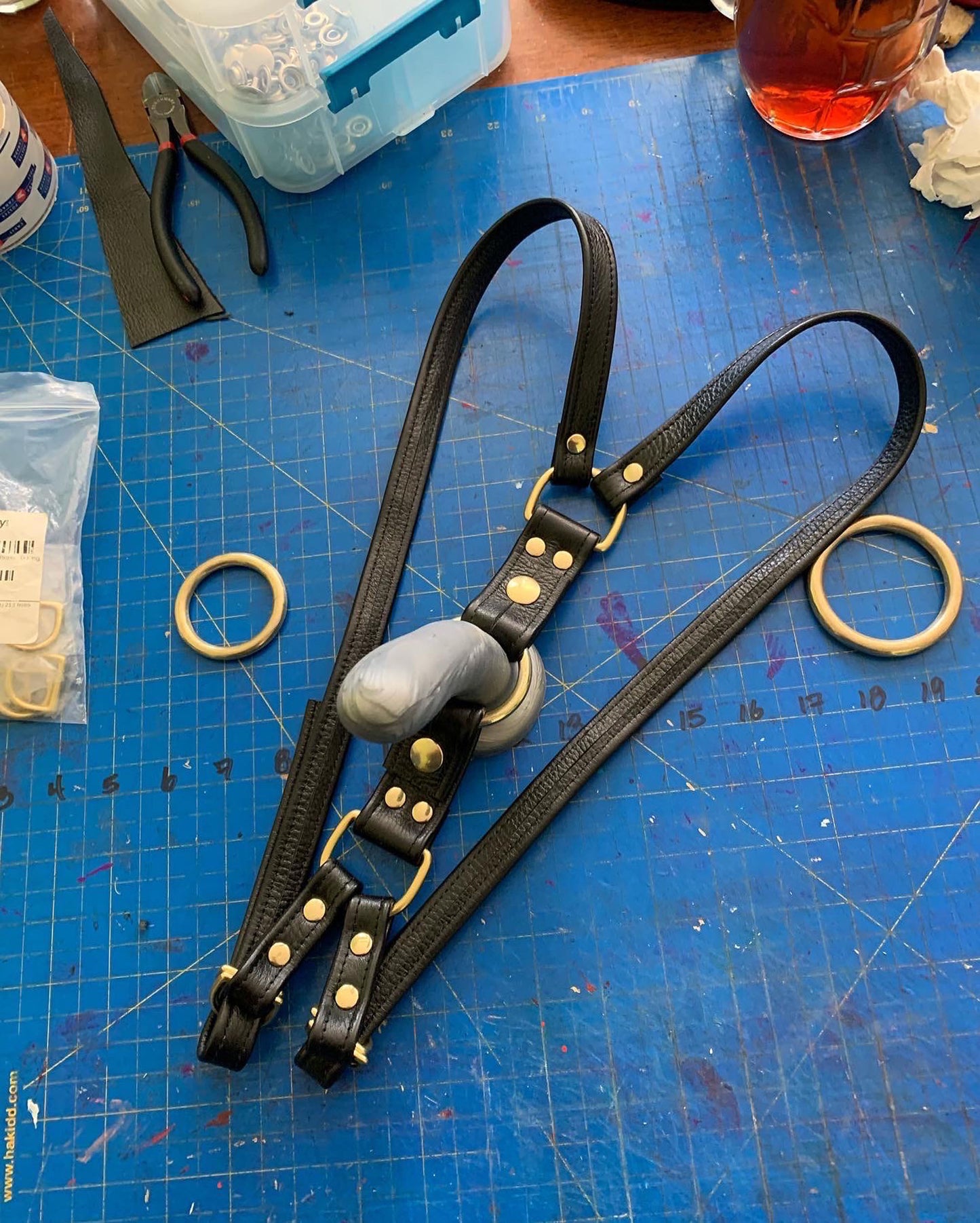 Black Leather Strapon Collection With Brass Hardware - Thigh, Strap, Hand